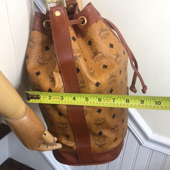 MCM Vicetos Cognac Leather Monogram Bucket Tote Crossbody Shoulder Bag Mint - Picture 10 of 16